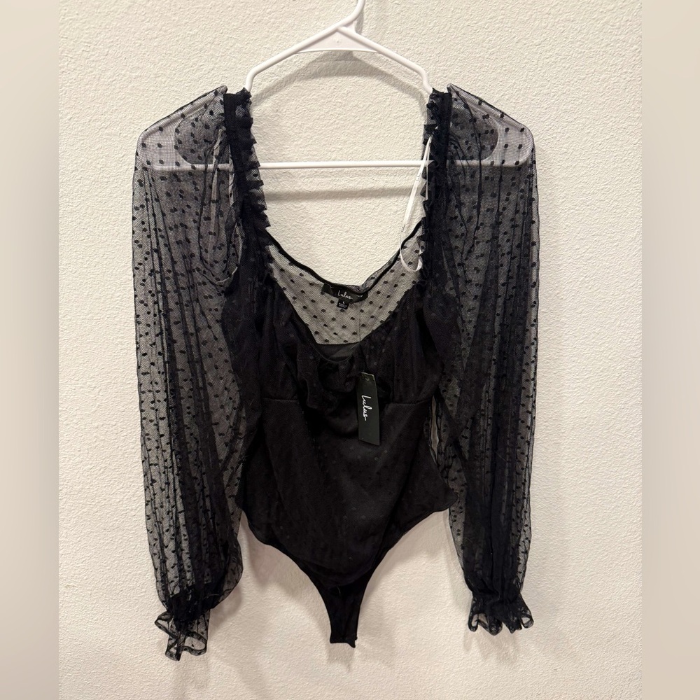 Lulus - Large - NWT Black Sheer Mesh Long Sleeve Bodysuit – Polka Dot,